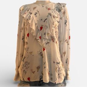 Zara Woman Ruffled Viscose Blouse Heart Mermaid Print Top Small
